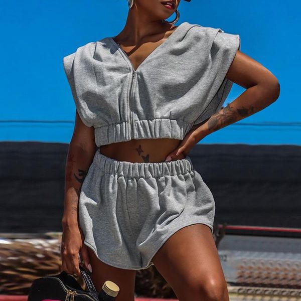

women's tracksuits summer suit short tracksuit zipper sportswear crop female shorts two pieces set 2021 casual ladies sets, Gray