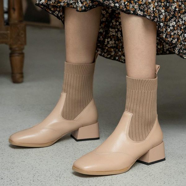 

boots brand women fashion slip on pu leather ankle female thick heel square toe stretch autumn winter lady shoes, Black