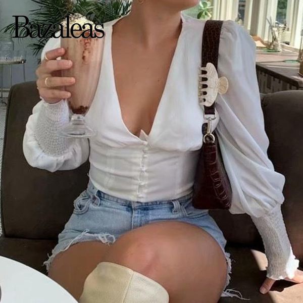

women's blouses & shirts bazaleas spring white deep v neck blouse vintage like silk women harajuku long sleeve shirt