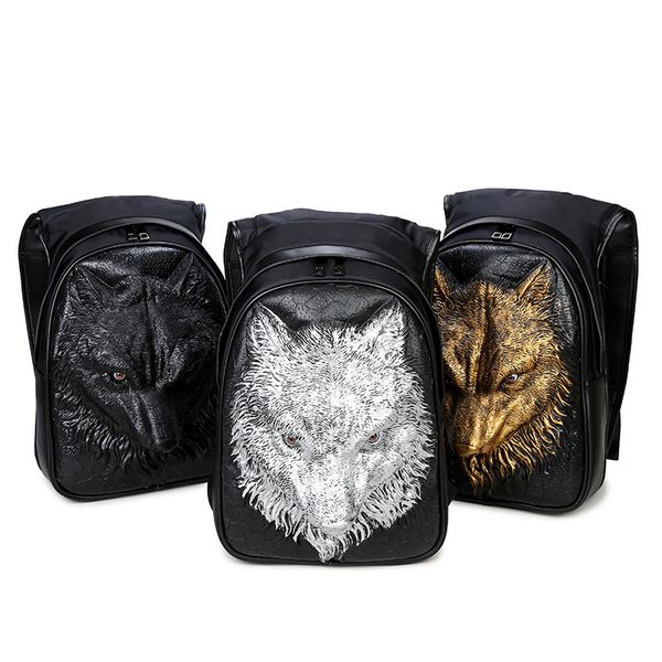 

real leather shoulder bag men and women 3d backpack wolf head personality travel backpack girls boys schoolbags