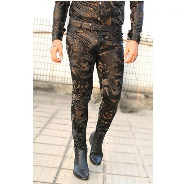 Calças masculinas Plus Size Pu Faux Leather Slim Lápis Mens Tiro Jogos Apertado Calças Jogador Camuflagem Alta Elasticidade Erótica Legging