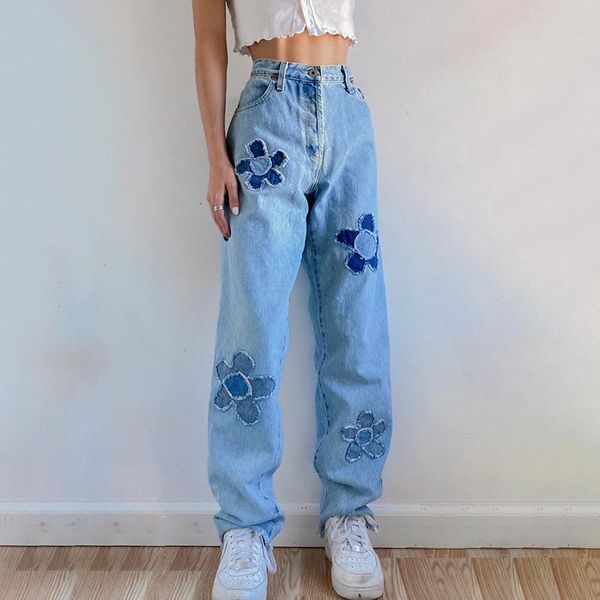 

women's jeans summer women straight-leg loose flower pattern applique denim pants with pockets, Blue