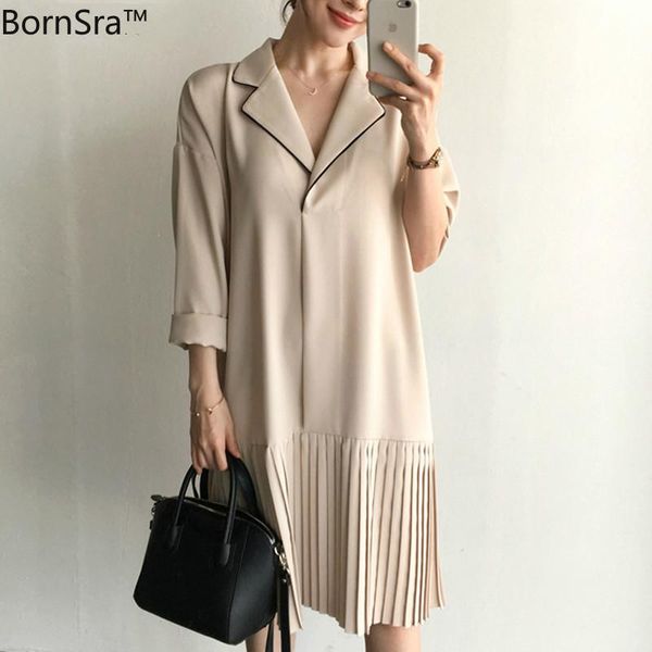 

casual dresses bornsra 2021 elegant notched collar pleated women vintage loose female short dress full sleeve spring summer vestidos, Black;gray