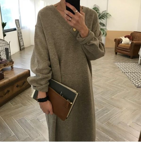 

casual dresses whcw cgdsr thick knitted solid autumn winter jumper pollover sweater dress women warm 2021 korean style woman, Black;gray