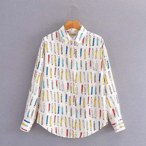 

women's blouses & shirts women shirt cartoon print loose blouse female long sleeve turn down collar casual fashion office lady vestidos, White