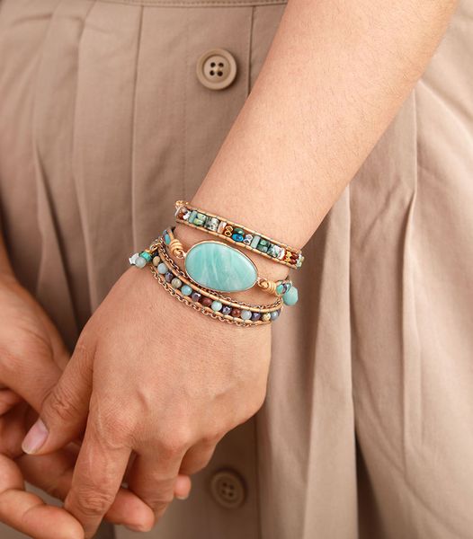 

multilayered leather wrap bracelet w/ natural stone amazonite beaded strands bracelet boho beads jewelry wholesale dropships, Black