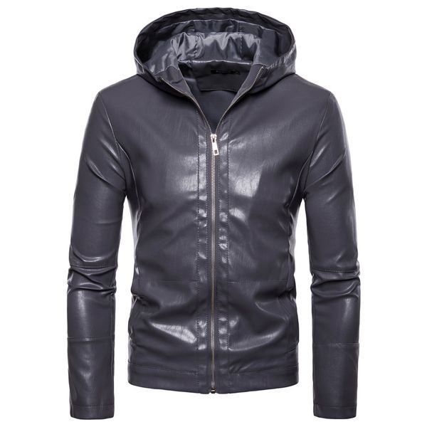 

Fashion Leather Autumn Men's Clothes Solid Color Hooded Washed Pu Coat, White