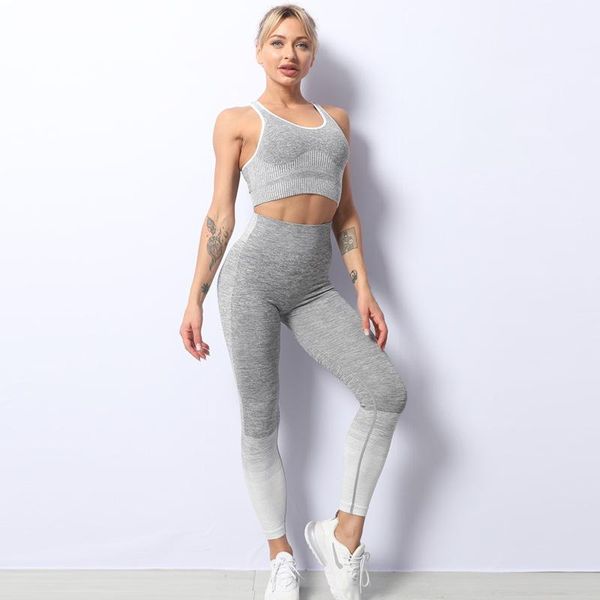 

yoga sets women gym clothes 2 piece workout set fashion gradient color sportwear push up leggings elastic bra outfit