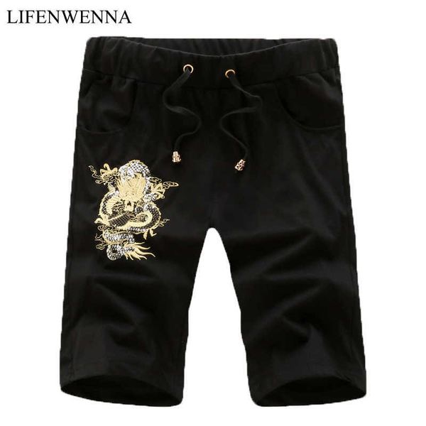 

fashion summer shorts men casual dragon embroidery shorts for men chinese style elastic waist slim fit cotton short 5xl 210528, White;black