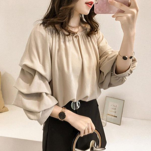 

women's blouses & shirts missky women summer off shoulder loose bubble sleeve solid color long slash collar shirt blouse female, White