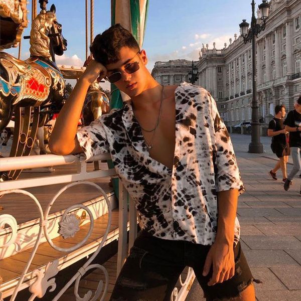 

men's casual shirts spring and autumn show shirt, printed three-quarter sleeves plus size top, White;black