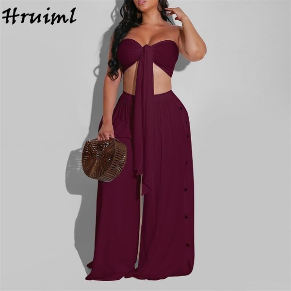 Calças ternos strapless topswide perna sólida cor oca out verão set mulher sexy festa clube elegante mulheres terno 210513