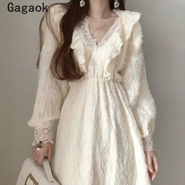 

casual dresses gagaok vintage woman dress 2021 spring autumn court style solid v-neck lace midi korean chic fashion wild vestidos, Black;gray