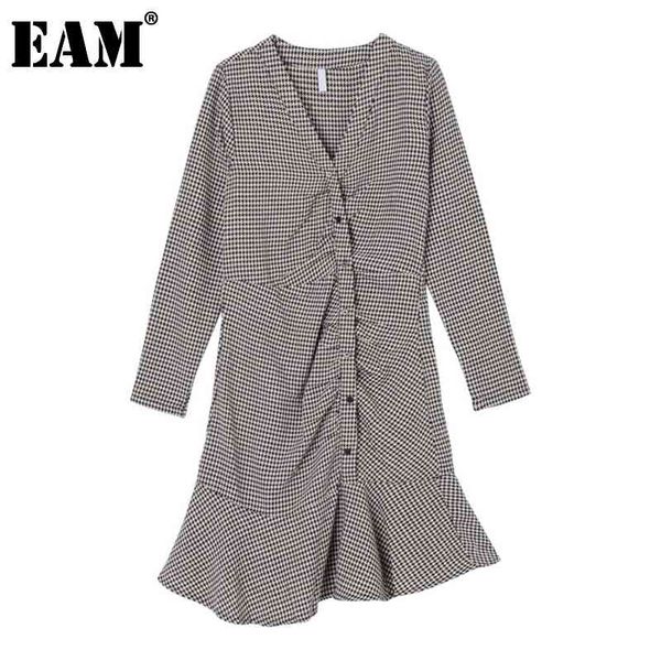 

[eam] women black plaid ruffles temperament dress v-neck long sleeve loose fit fashion spring autumn 1da423 210512, Black;gray