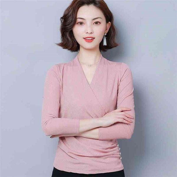 

new long sleeve women t shirt casual v-neck slim autumn winter women tees ladies clothes 210324, White