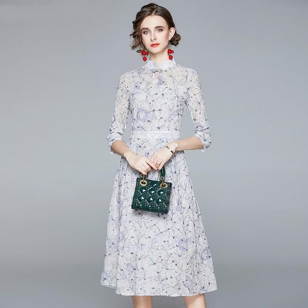 

women autumn elegant embroidery dress festa long print chiffon party robe femme vintage designer vestidos casual dresses, Black;gray