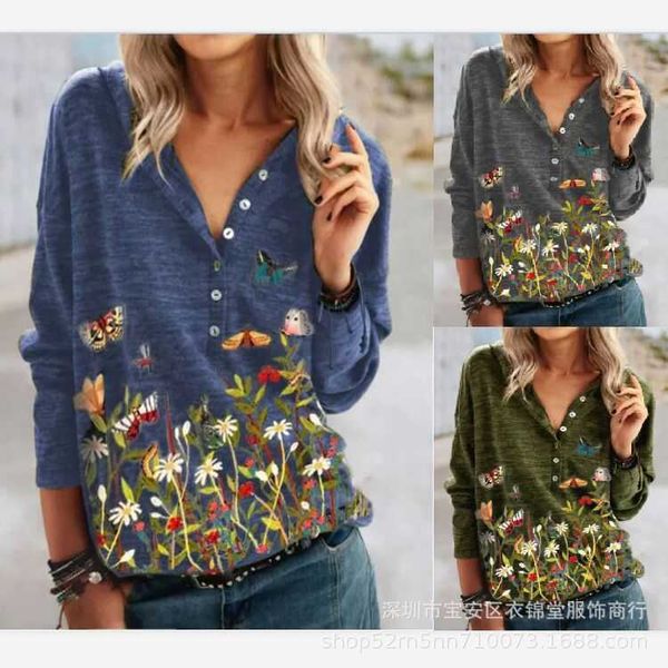 

women's flower 2021 butterfly temperament casual printing v-neck long sleeve t-shirt, White