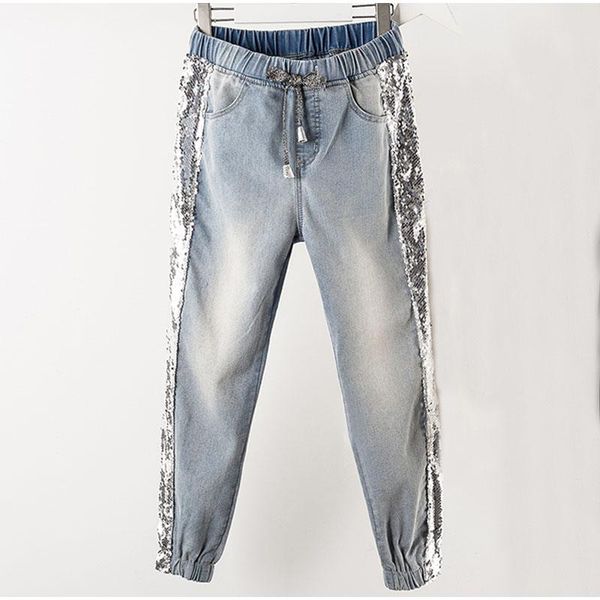 

plus size side sequins ankle length jogger jeans 3xl 4xl spring summer chi lady light blue elastic waist capris jean denim pants women'