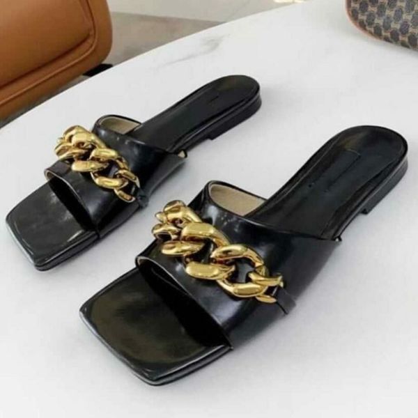 

70% off wholesale flip-flops gold chain woman shoes luxury square toe flat women slippers leather designer ladies street beach sandals slide, Black