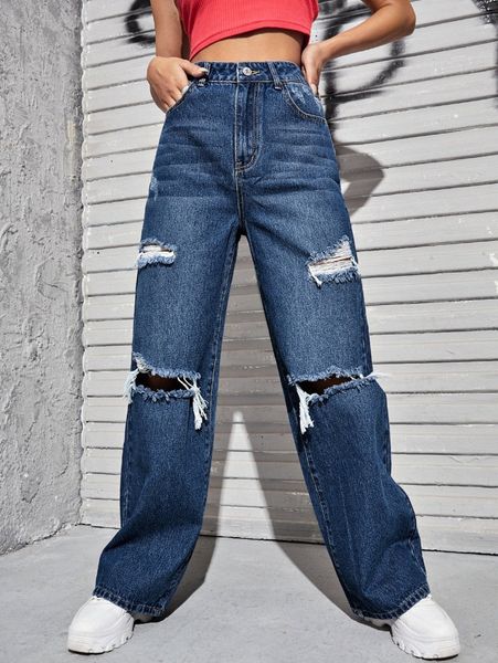 

high waisted slant pocket ripped wide leg jeans f22j#, Blue