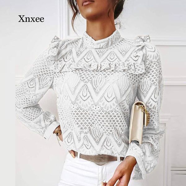 

autumn elegant lace women blouses shirt fashion ruffles long sleeve shirts office lady vintage o neck hollow out blusas women's &, White
