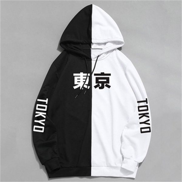 

mens japan tokyo printing hoodies fashion trend fall teenager splicing color hooded sweatshirts designer male autumn brand pullover, Black