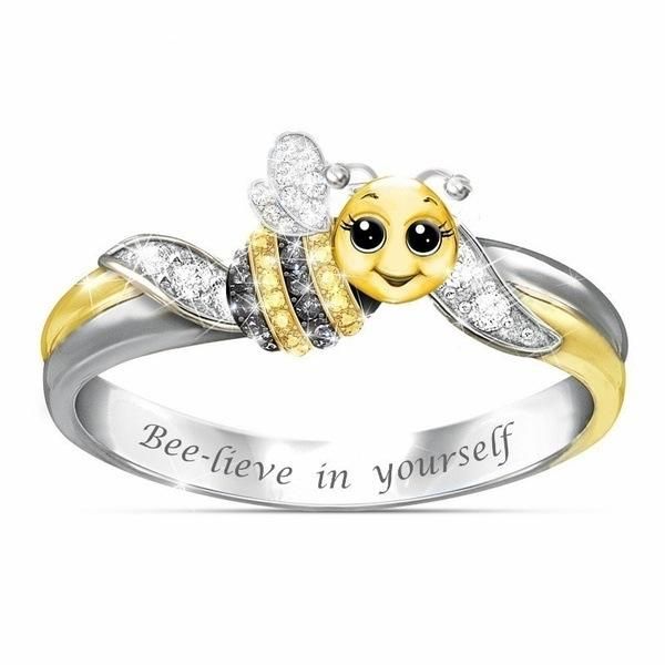 

wedding rings two-color bee cute insect ring crystal zircon engagement accessories lover's gift anniversary jewelry, Slivery;golden