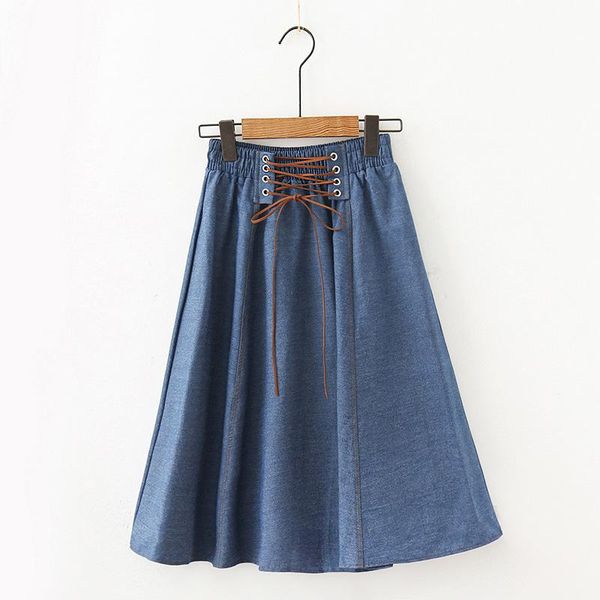 

skirts blue midi knee length vintage denim skirt for women spring summer fashion lace up high waist female sun school jeans, Black