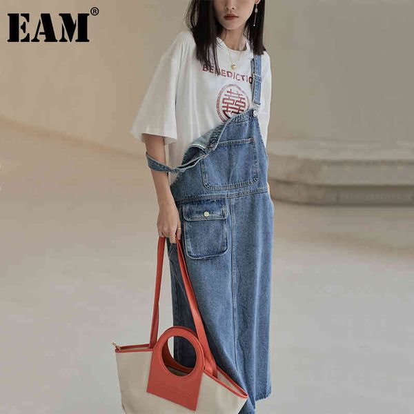 

[eam] women blue pocket denim spliced casual strap dress sleeveless loose fit fashion spring autumn 1dd8448 21512, Black;gray