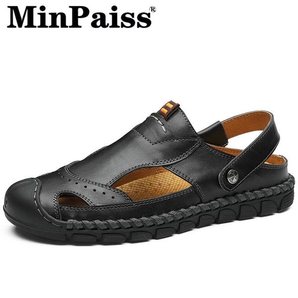 

summer men's sandals hand-made leisure leather slippers-minpaiss-dual-purpose set foot fashion lazy people breathable beach, Black