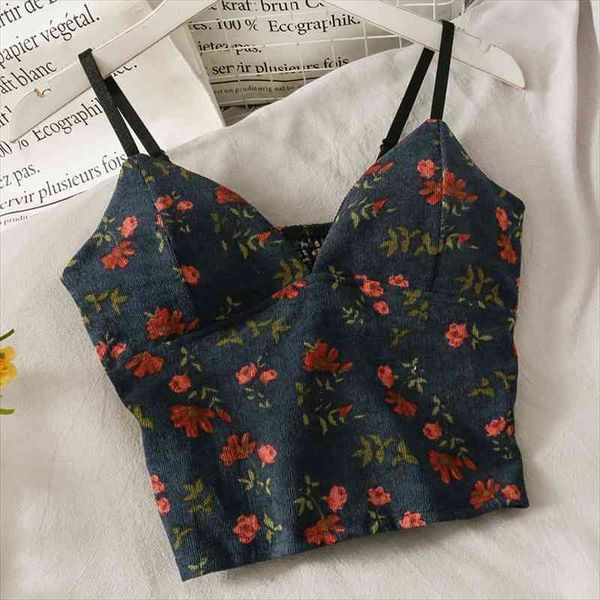 

backless female tanks women floral print party camis korean fashion v neck corduroy crop, White