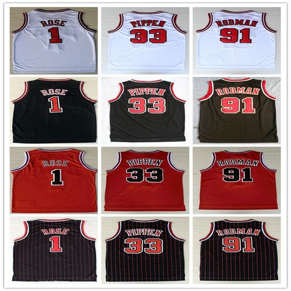 

ncaa mens mesh #33 pippen jersey dennis 91# rodman #1 rose 23 michael 45 michael embroidery suture shirts basketball jerseys, Black