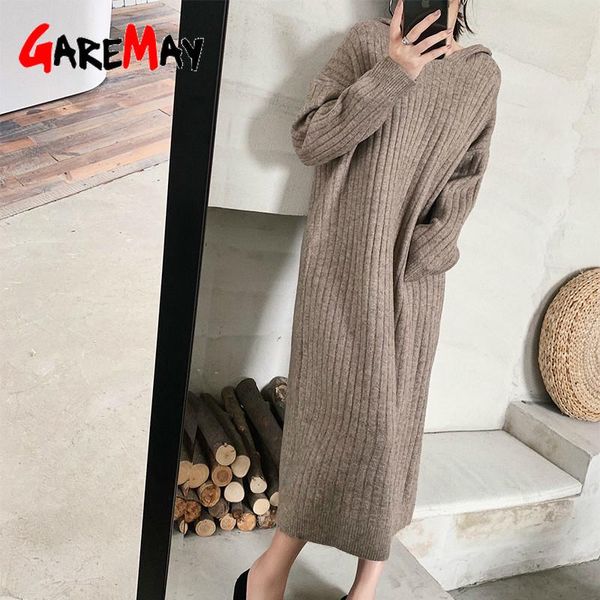 

casual dresses winter hooded knitted for women 2021 autumn sweater dress women's warm loose long thick sleeve female, Black;gray
