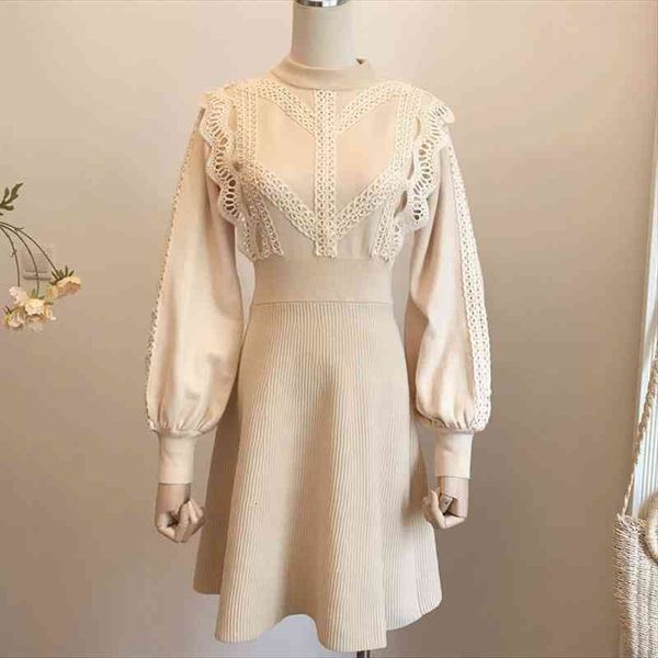 

autumn winter sweater korean casual womens dresses mini knitted a-line long sleeve lace vestidos elegant knitwear robe, Black;gray