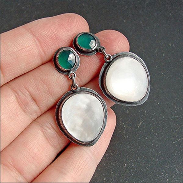 

shell resin water drop earrings for women vintage jewelry black metal green stone dangle earring pendientes mujer & chandelier, Silver