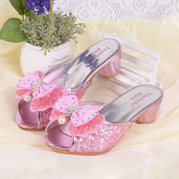 Meninas verão sandálias chinelo lantejoulas princesse crianças salto alto festa vestido sapatos couro para miúdos slides