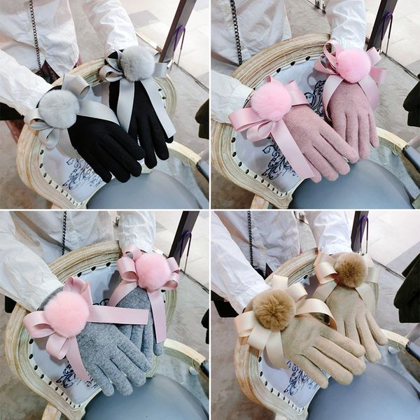

gloves korean version lovely bow rex rabbit fur ball thickened plush warm cashmere sub finger cycling student touch screen winter, Blue;gray