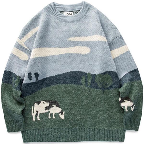 

men's sweaters and women's round neck sweater, harajuku casual wear, retro style, cow, winter, 2021, White;black