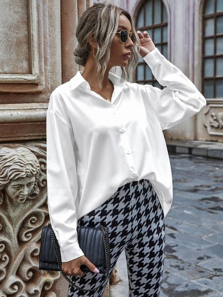

solid button-front drop shoulder shirt z8pe#, White