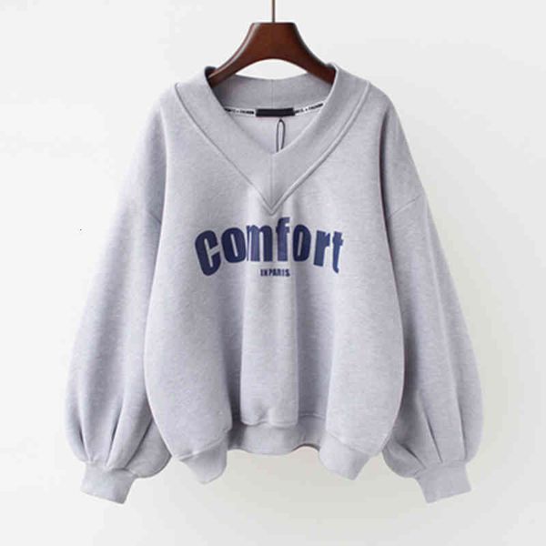 

women's hoodies & sweatshirts [ewq] korea chic short v-neck sweatshirt women loose plush thickened autumn lantern sleeve female trend 1, Black