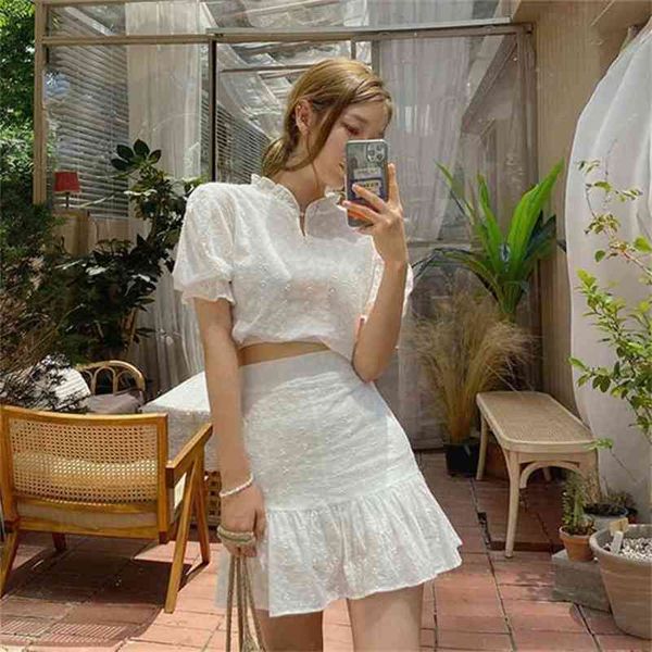 

korean sweet white embroidery 2 piece set women ruffles stand collar cropped + high-waist lotus leaf skirt playful set 210602