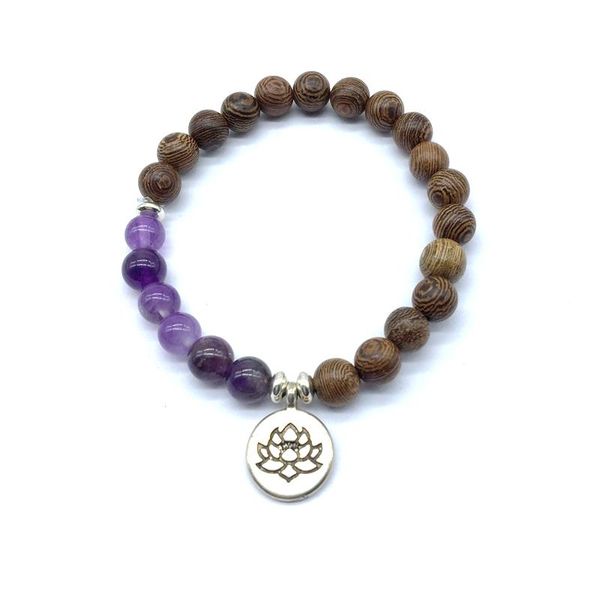 

natural wooden bead bracelet 8 mm stone amethysts elastic bangle with lotus charm silver metal yoga jewelry beaded, strands, Black