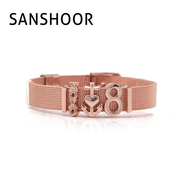 

charm bracelets sanshoor rose gold stainless steel mesh bracelet set with xoxo & love anchor number 8 diy slide charms for women, Golden;silver