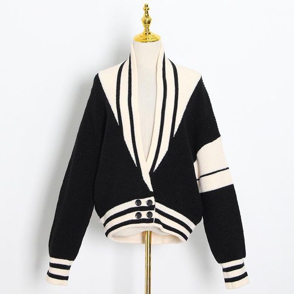 

spring fashion women's stitching contrast color double breasted knitted v neck cardigan long sleeved jacket jackets, Black;brown