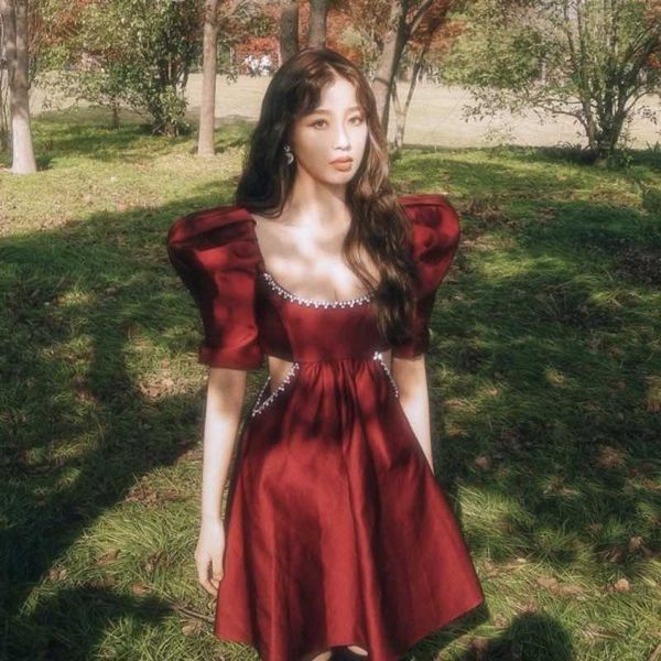 

summer fashion women puff sleeve square neck s exposed waist mini party dress high waist casual dress 210531, Black;gray