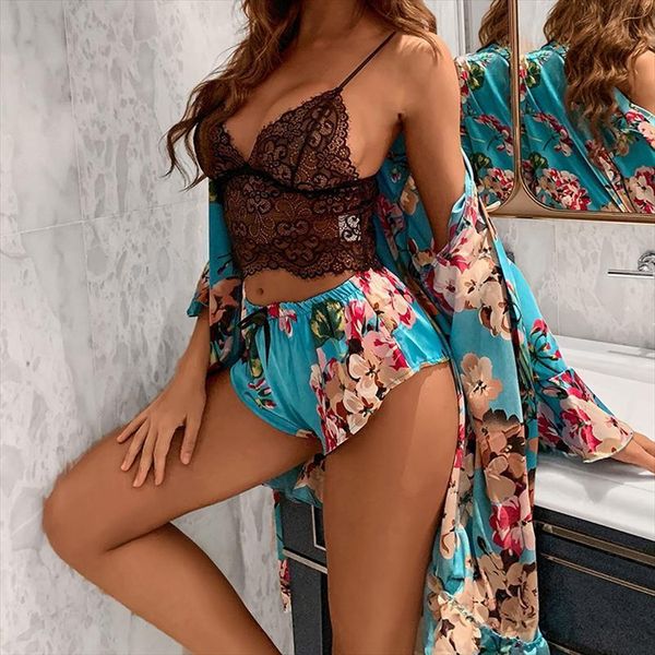 

3pcs pajamas floral lace womens sleepwears nightwear lingerie camisole nighty amp robe set homewear nightgown, Black;red