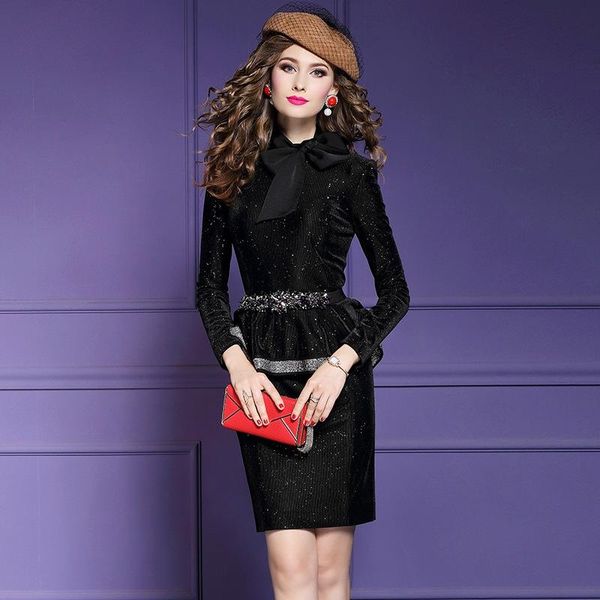 

casual dresses 2021 superior quality pencil solid office lady dress women bow party plus size winter vintage velvet ruffles, Black;gray