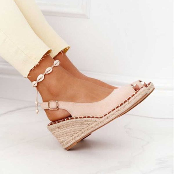 

fashion peep toe sandals women high heels 2021 summer platform wedge shoes solid color hemp heel ladies beach streetwear y0714, Black