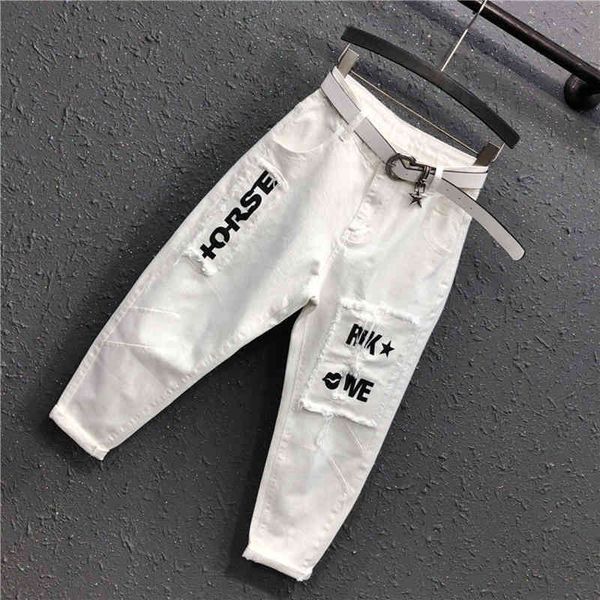 

2021 spring summer new korea fashion women white casual denim harem pants letter patchwork cotton loose jeans plus size s809, Blue