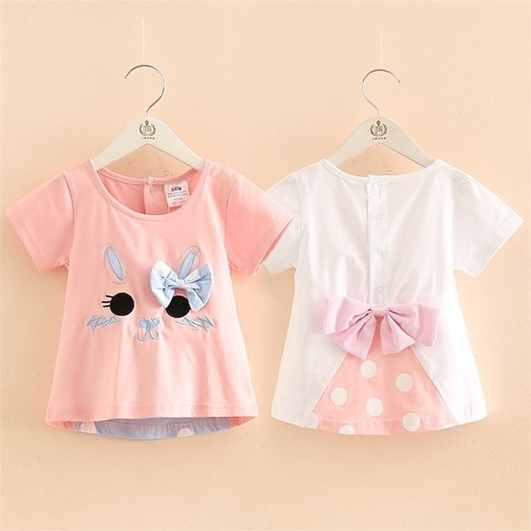 Miúdos Roupas Verão 100% algodão branco rosa dos desenhos animados gato ponto bowknot retalhos manga curta o-pescoço t-shirt para meninas 210701